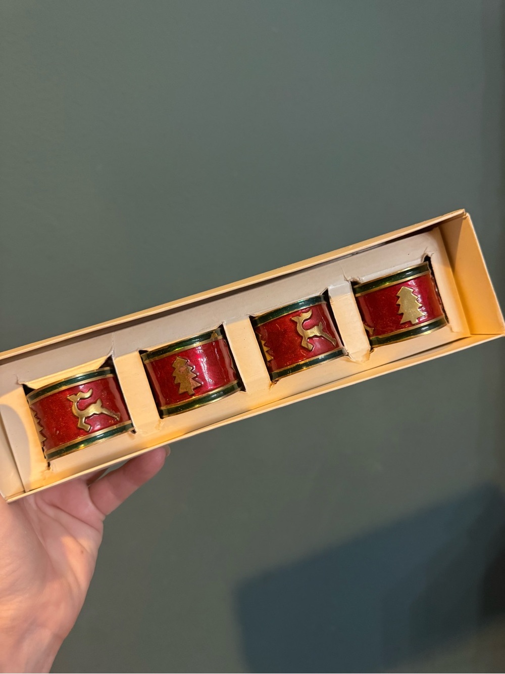 Set of 4 Pier 1 enamel Christmas napkin rings - reindeer trees in box